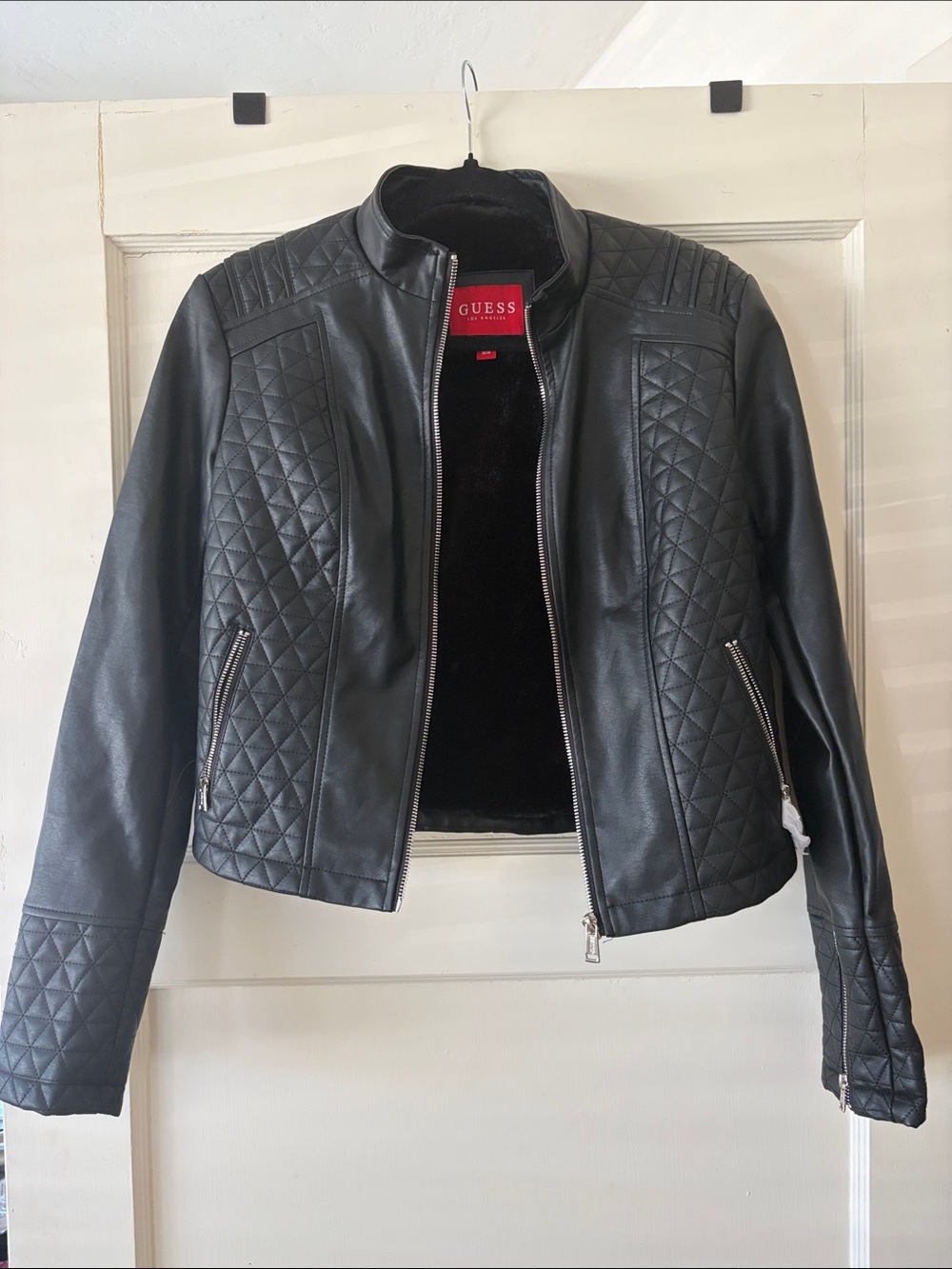 GUESS Black Quilted Faux Leather Moto Jacket